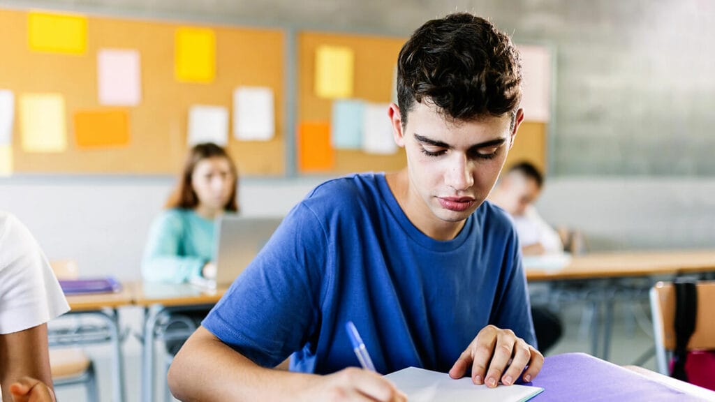 An adolescent boy doing homework.