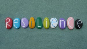 The word "Resilience" spelled out on colorful rocks.