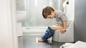 two year old boy sitting on a potty chair in the bathroom