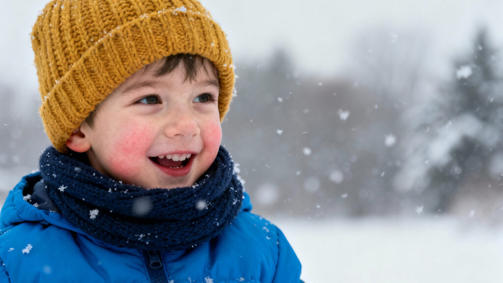 Young child outside in winter with eczema on face