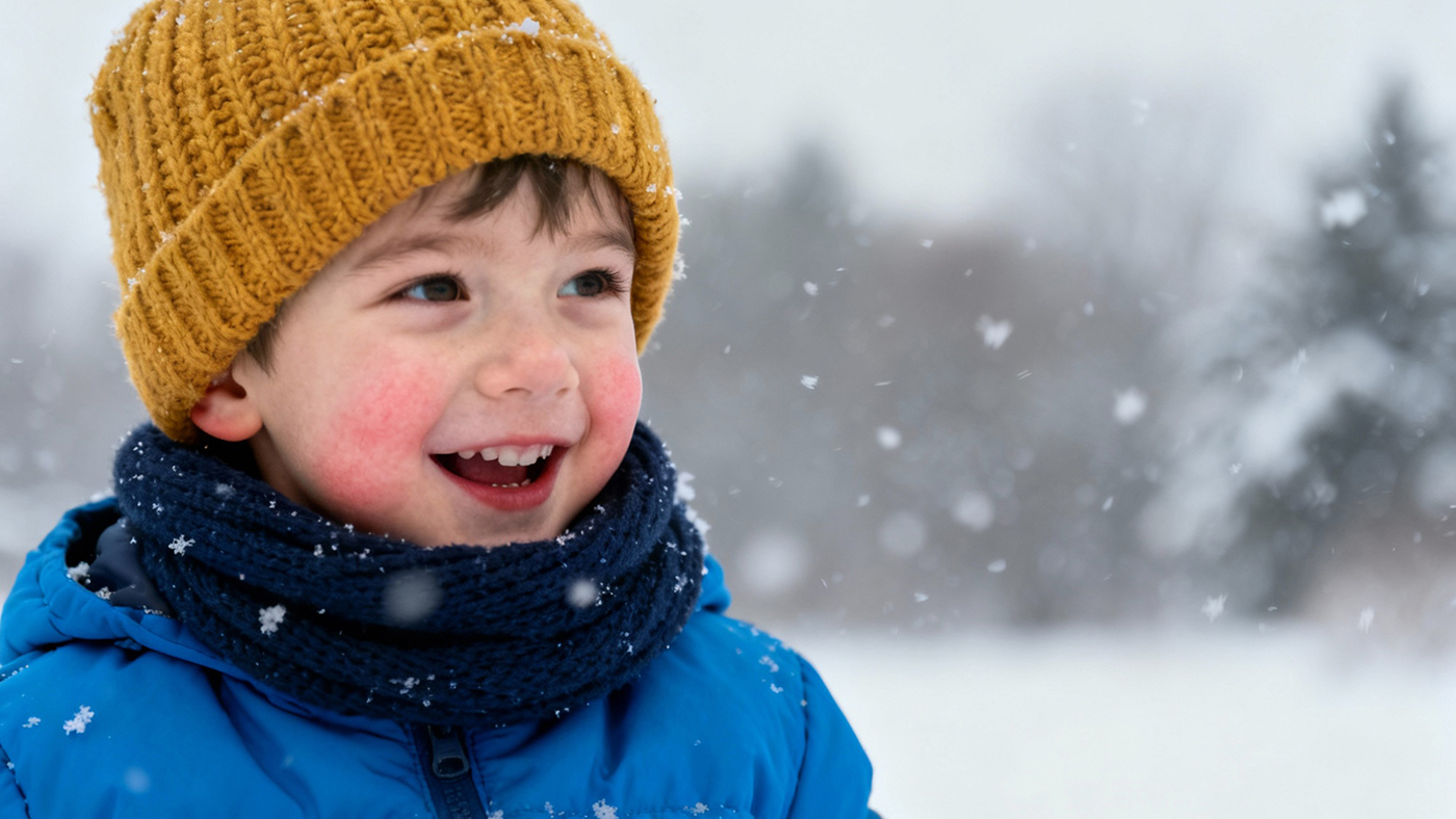 Young child outside in winter with eczema on face