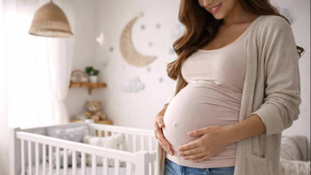 young pregnant woman standing next to crib