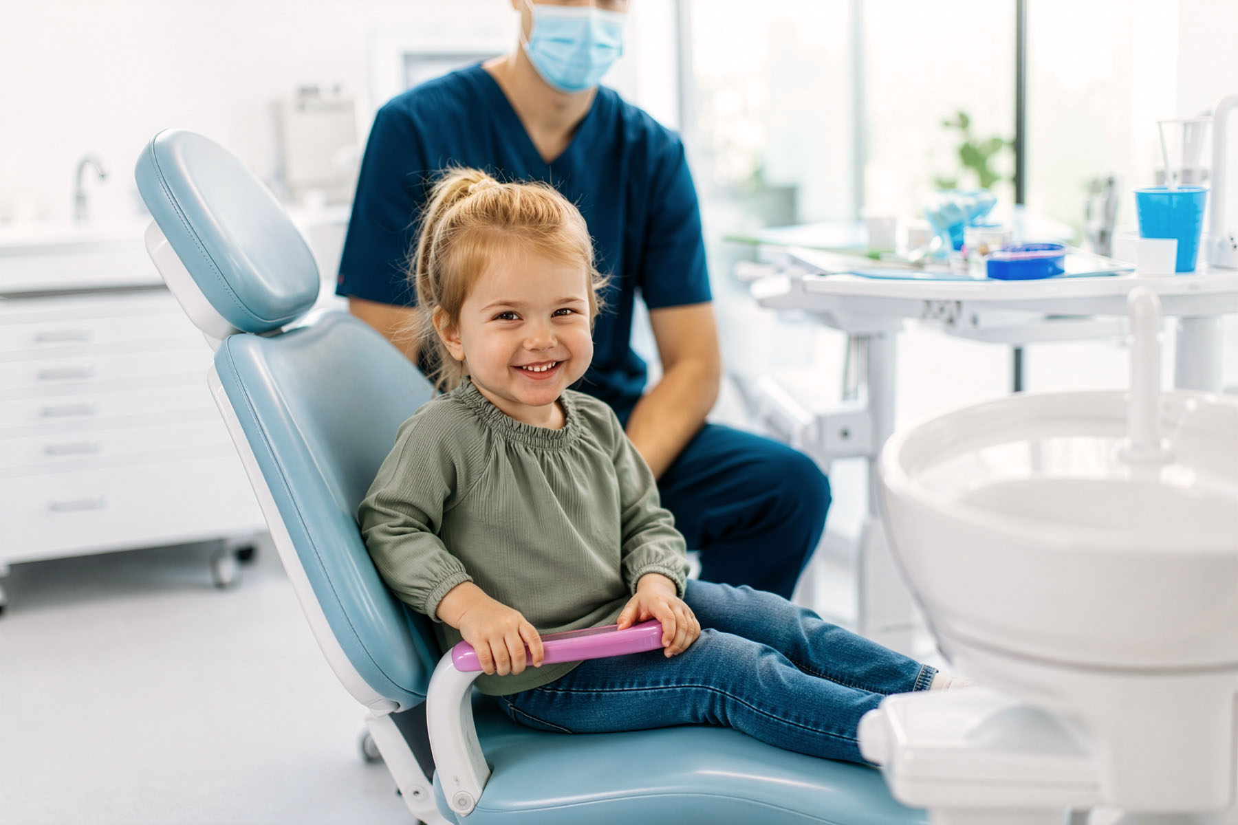 A smiling toddler sits in the dental chair holding a toothbrush while a pediatric dentist in scrubs stands behind them