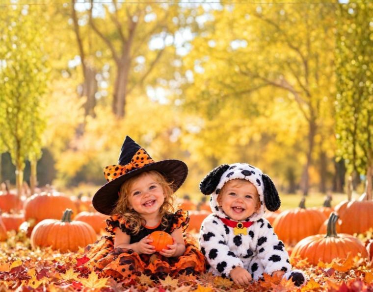 two kids dressed up for Halloween in a pumpkin patch