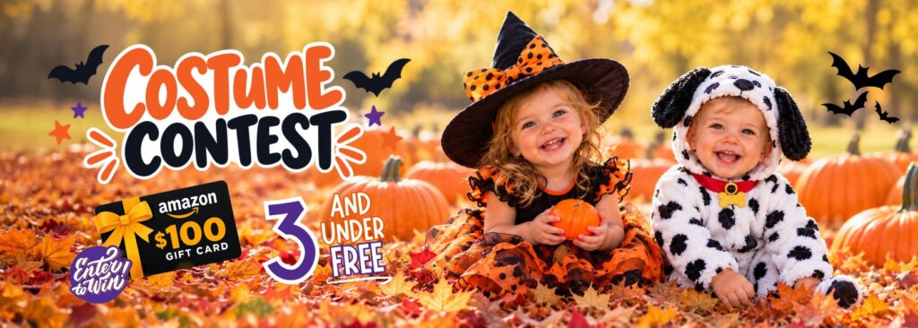 two young kids dressed up for Halloween in pumpkin patch with Costume Contest